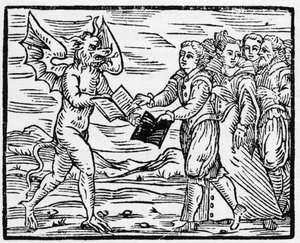 Satan présente un livre noir à ses adeptes en échange du livre des Évangiles - « Compendium Maleficarum », traite des sorcières, de leurs malheurs et de leurs sortilèges par Francesco Maria Guazzo (1608) - Collection privée
