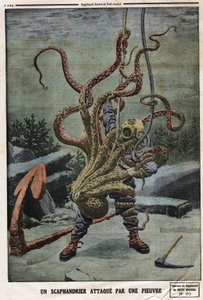 Scaphandrier attaqué par une pieuvre. Gravure dans "Le Petit Journal", le 16/06/1912. Collection privée. - Anonymous Anonymous