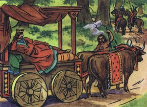 Scène représentant les rois fainéants : Roi de France Thierry III (673-691) transporté dans un char avec un lit tiré par des bœufs. Illustration anonyme dans « Collection des souverains et chefs d