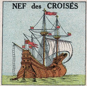 Navires et bateaux : la nef royale « Montjoie » du roi Saint Louis (1214-1270) pendant les croisades. Illustration anonyme de 1925. Collection privée. - Anonymous Anonymous