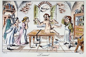 Erreur chirurgicale : un autocollant satirique représentant les risques encourus par les patients livrés aux mains de mauvais médecins, un exemple de greffe de bras à la place de la jambe. Gravure du 19e siècle - Anonymous Anonymous