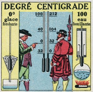 Température et expansion: degré centigrade. Comparaison entre degrés Fahrenheit et degrés Celsius. Illustration anonyme de 1925. Collection privée.
