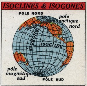 Magnétisme terrestre : carte magnétique montrant les isoclines et les isogones. Illustration anonyme de 1925. Collection privée.