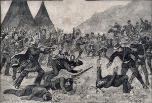 La révolte indienne aux États-Unis : un combat entre les Indiens Sioux et les troupes américaines. Gravure dans "Le petit Parisien" de 1891. Collection privée.
