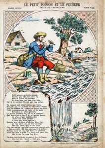 Le petit poisson et le pêcheur. Illustration anonyme pour Les Fables de Jean de La Fontaine (1621-1695). Imagerie de Pont-à-Mousson, vers 1880. Collection privée