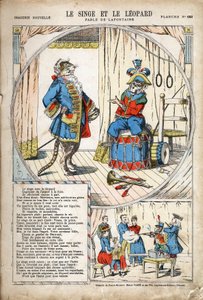 Le Singe et le Léopard. Illustration anonyme pour Les Fables de Jean de La Fontaine (1621-1695). Imagerie de Pont-à-Mousson, vers 1880. Collection privée.
