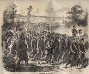 La chaîne commencée au bagne de Toulon au XIXème siècle. Gravure dans « Histoire des bagnes depuis leur création à nos jours » (1877) par Pierre Zaccone. Collection privée.