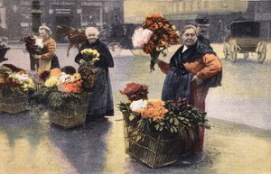 La fête des chrysanthèmes : marchand de chrysanthèmes dans la rue. Gravure. Un des journaux « Le petit parisien » du 20/11/1910. Collection privée.