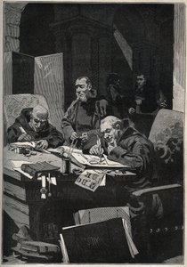 Le chrysographe : moines copistes réalisant des enluminures en lettres d