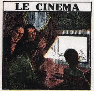 Le cinématographe : une famille regardant un film sur un écran. Illustration anonyme de 1925. Collection privée.