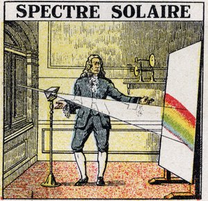 Les couleurs : spectre solaire étudié par Isaac Newton (1642-1727). Illustration anonyme de 1925. Collection privée.
