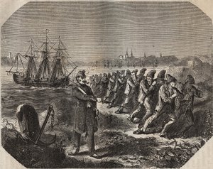 La cordelle (travail de grande fatigue) au bagne de Rochefort au XIXe siècle. Gravure dans « Histoire des bagnes depuis leur création à nos jours » (1877) par Pierre Zaccone (1817-1895)