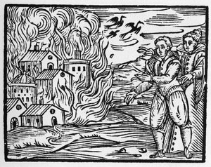 La malédiction des sorciers brûlant la ville - "Compendium Maleficarum", traite des sorcières, de leurs maux et de leurs sortilèges par Francesco Maria Guazzo ou Guaccio ou Guaccius (15?? -16??) 1608 Collection privée