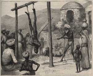 Le fakir en Inde - Les fakirs en Inde - il était suspendu par les pieds sur une barre en bois - gravure de 1892 dans « Journal des voyages »
