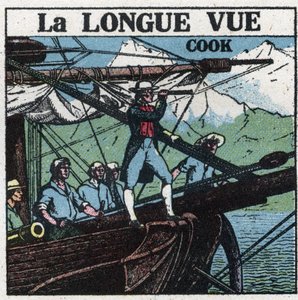 Les premiers instruments optiques : le capitaine James Cook (1728-1779), à la proue de son bateau, observe les terres australes à longue vue. Illustration anonyme de 1925. Collection privée.