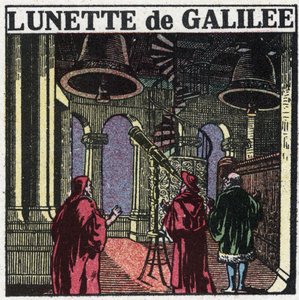 Les premiers instruments optiques : lunette astronomique de Galilée (1564-1642) inventée en 1610. Illustration anonyme de 1925. Collection privée.