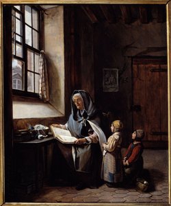 La grand-mère Une grand-mère lisant à ses deux petits-enfants. Peinture anonyme. 19ème siècle. Collection privée - Anonymous Anonymous