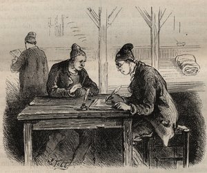 Le public écrivain au bagne de Toulon au XIXe siècle. Gravure dans « Histoire des bagnes depuis leur création à nos jours » (1877) par Pierre Zaccone.