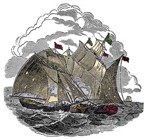 Le navire du pirate Henry Every attaqué en septembre 1695 par la flotte du grand Moghol Aurangzeb au large de Surate, Inde. Gravure de « Le Livre des Pirates » par Charles Ellms - Anonymous Anonymous
