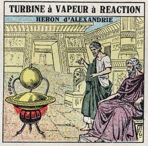 La machine à vapeur : une turbine à vapeur à réaction. Éolipyle inventée par le Grec Héron d