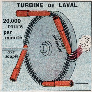 La machine à vapeur : une turbine à action inventée par Carl Gustaf Patrik de Laval (1845-1913) en 1893. Illustration anonyme de 1925. Collection privée.