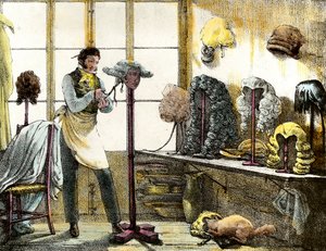 Le perruquier coiffant une perruque de catogan, coiffeur pour hommes. Gravure de Mirror shows, letters, meds, etc. The arts 1821-1823 Collection privée