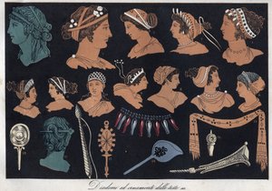 Tiares et ornements de tête dans la Grèce antique - gravure de "Usi e Costumi di Tutti i Popoli dell