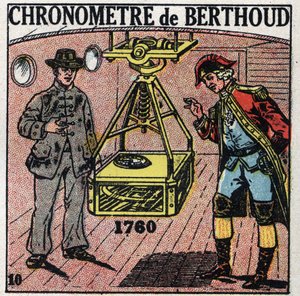 Temps : chronomètre marin inventé par Ferdinand Berthoud (1727-1807) en 1760. Illustration anonyme de 1925. Collection privée.