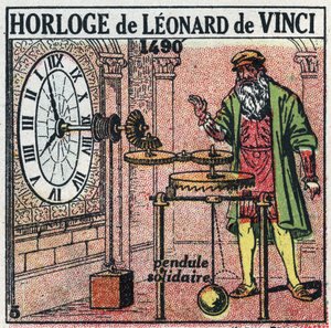 Temps : horloge à poids inventée par Léonard de Vinci (1452-1519) en 1490. Elle remplace le balancier par une balance verticale. Illustration anonyme de 1925. Collection privée.