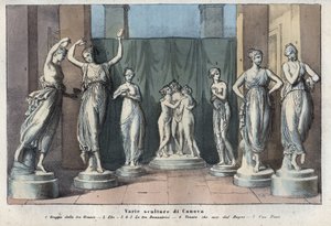 Diverses sculptures de Canova - Les Trois Grâces - Hébé - Les Trois Grâces dansantes - Vénus Italica - Muse - gravure de « Usi e Costumi di Tutti i Popoli dell