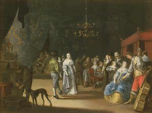 Le banquet, un couple dansant avec des festins et des réjouissances en arrière-plan - Anthonie Palamedesz