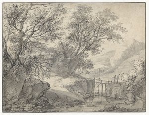 Paysage de montagne avec des arbres et un pont sur un ruisseau