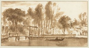 Paysage fluvial boisé avec pont-levis