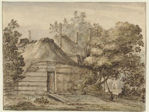 Ferme et une meule de foin entre les arbres