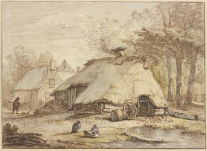 Trois cabanes sous des arbres, avec trois canards assis au premier plan - Anthonie van Borssom