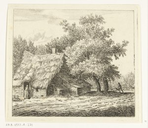 Ferme avec femme à la porte et homme avec brouette sur un chemin - Anthonie van den Bos