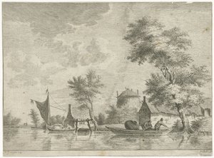 Paysage fluvial avec une meule de foin
