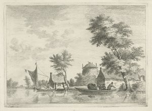Paysage fluvial avec une meule de foin