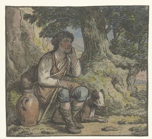 Garçon sous un arbre avec un chien et une cruche