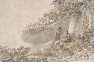 Deux garçons et un chien dans un bois - Anthony Devis