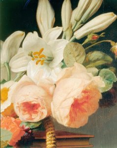 Bouquet de lys et de roses dans un panier sur une chiffonnière (détail)
