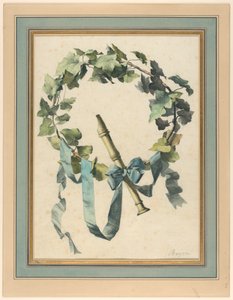 Dessin, trophée avec flûte, lierre et ruban bleu, 1780-90