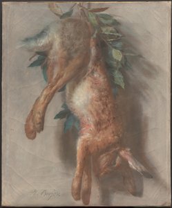 Trophée de chasse avec lièvre et feuilles de laurier
