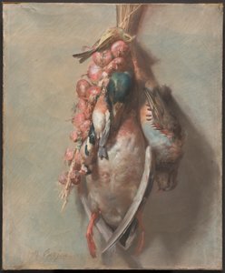 Trophée de chasse avec colvert, perdrix, chardonnerets et oignons - Antoine Berjon