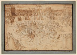 Un jeu équestre avec des cavaliers jouteurs parmi des feux d