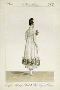 Une dame avec une coiffure asiatique en robe de bal ornée de rubans, planche 4 de la série de modes 