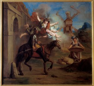 Don Quichotte, poussé par la folie, quitte sa maison pour devenir chevalier errant