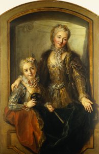 Portrait de Madame Dupille et sa Fille, Mi-Corps, Habillées en Robes de Bal dans une Fenêtre, 1733 - Antoine Coypel
