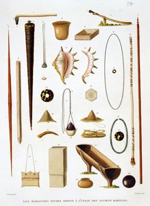 Ustensiles ménagers et armes des îles Mariannes, de Voyage autour du Monde (1817-20), par Louis Claude Desaulses de Freycinet (1779-1842) gravé par Jean Louis Denis Coutant (1776-1831), p - Antoine Germain Bevalet
