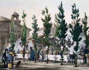 Fritures de nourriture au Panthéon pendant la fête de Saint Joseph, gravure par Antoine Jean-Baptiste Thomas de Un an à Rome et dans ses environs, France